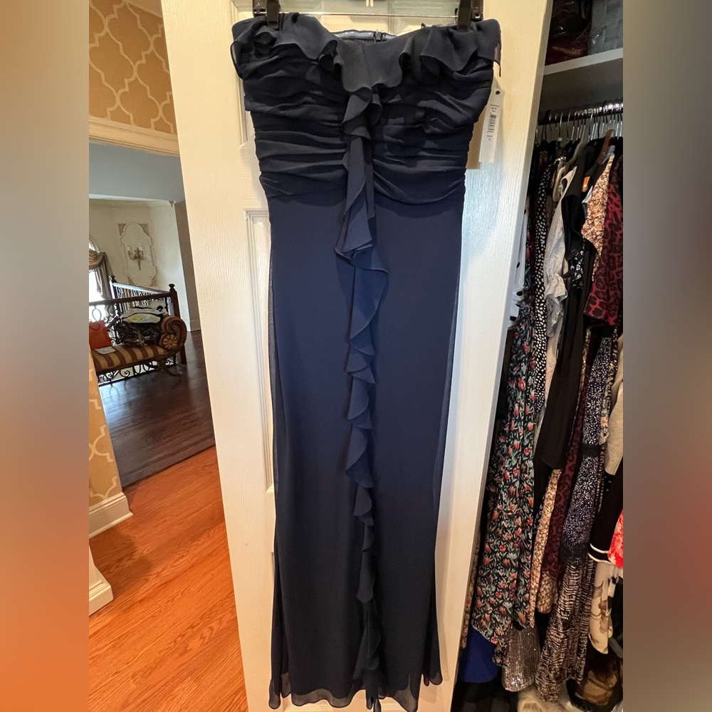 Badgley Mischka Navy Blue Strapless Long Dress Gown